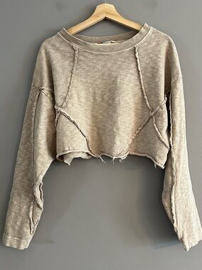 Free People Beach Shore To Shore Oversized Wash Cropped Knit Sweatshirt XS Beige